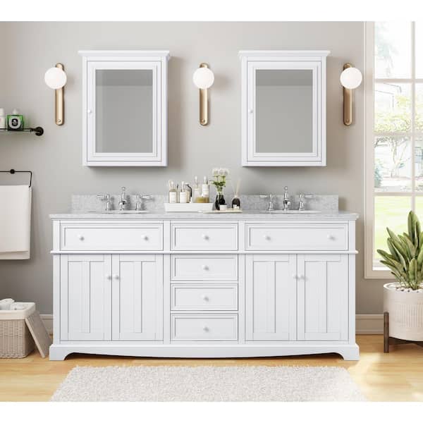 Home Decorators Collection Fremont 72 in. Double Sink Freestanding White Bath Vanity with Grey Granite Top (Assembled)