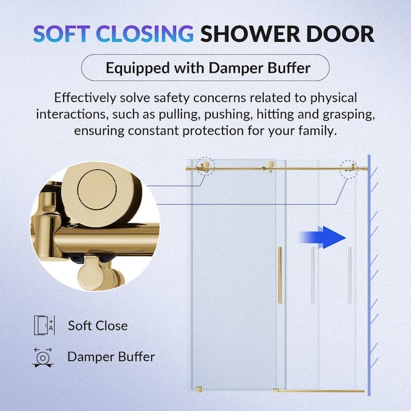 60 in. W x 76 in. H Sliding Frameless Shower Door with Soft Close System and 3/8 in. Clear Glass in Gold Finish