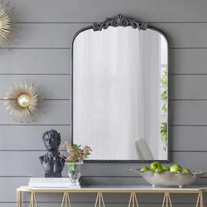Baroque Inspired 24 in. W x 36 in. H Arched Metal Iron Framed Wall Bathroom Vanity Mirror in Black