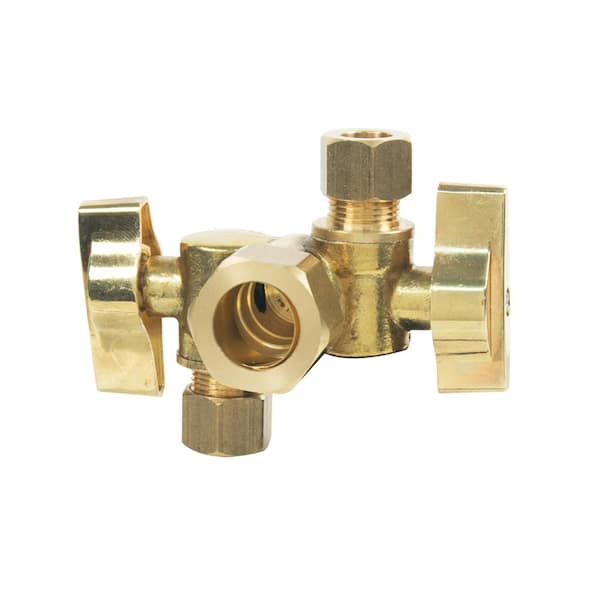 BrassCraft 1/2 in. Nominal Comp Inlet x 3/8 in. OD Comp x 3/8 in. OD Comp  Dual Outlet Dual Shut-Off 1/4-Turn Angle Ball Valve KTCR1901DVX R1 - The  Home Depot