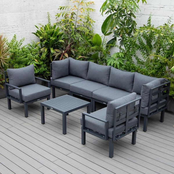 Leisuremod Chelsea 7-Piece Sectional Seating Set in Black Aluminum with a Square Coffee Table and Removable Cushions in Black