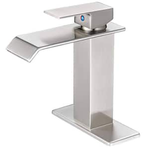 Single-Handle Single-Hole Waterfall Bathroom Faucet Brass Sink Basin Taps with Deckplate Included in Brushed Nickel