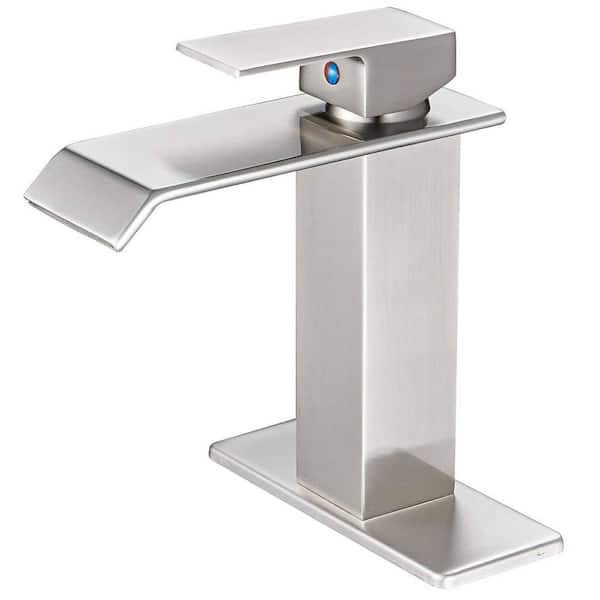 FLG Single-Handle Single-Hole Waterfall Bathroom Faucet Brass Sink Basin Taps with Deckplate Included in Brushed Nickel