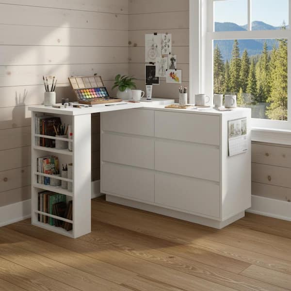 XUAN 39.37 in. L-Shaped Snow White Engineered Wood 6-Drawer Writing Desk with Reversible Storage Cabinet