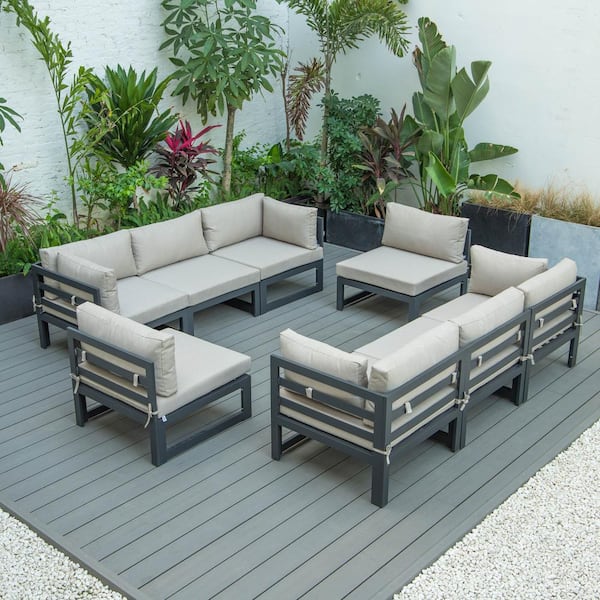 Leisuremod Chelsea Black 8-Piece Aluminum Outdoor Sectional with Beige Cushions