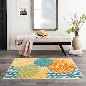 Aloha Turquoise Multicolor 3 ft. x 4 ft. Floral Contemporary Indoor/Outdoor Patio Kitchen Area Rug