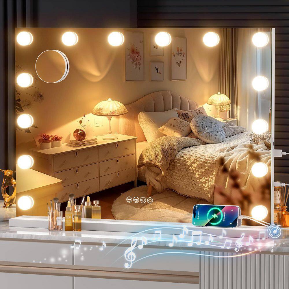 28 in. W x 20 in. H White Rectangle Framed Vanity Mirror with Lights and Bluetooth Speaker, LED Makeup Mirror price history on PriceWatchPro