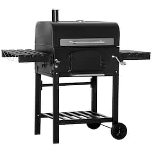 Metal Charcoal Smoker in Black Grill BBQ with Adjustable Height and Folding Shelves