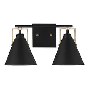 Insdale 2-Light Matte Black Modern Bathroom Vanity Light with Satin Brass Accents