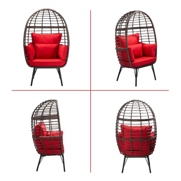 Outdoor Wicker Egg Chair with Red Cushions and Footrest