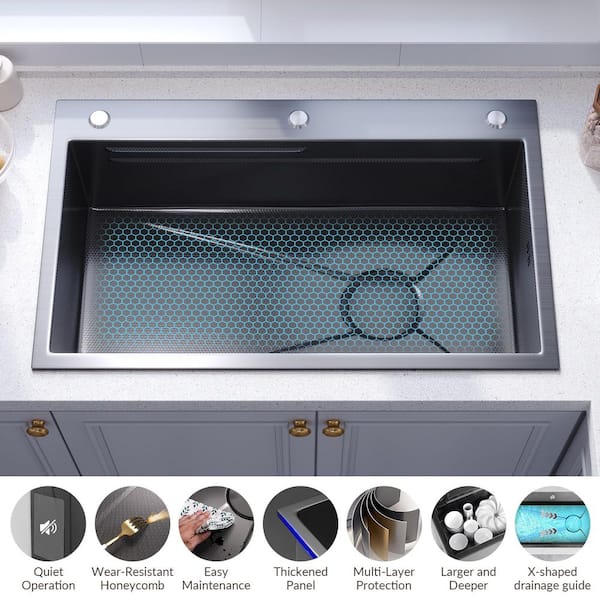 32 in. Black Undermount Kitchen Sink Black Stainless Steel Workstation Single Bowl with Cutting Board