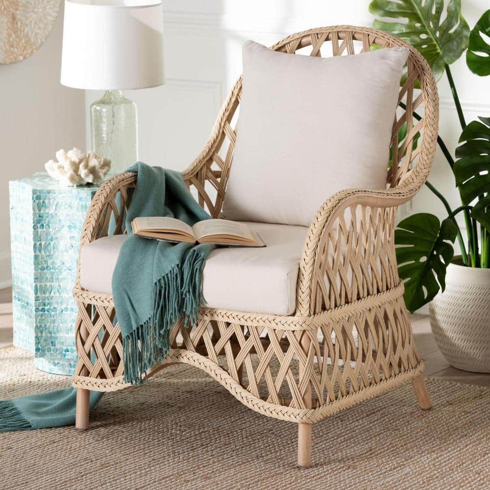 Handcrafted Natural Rattan Swoop Arm Accent Chair with Cushions