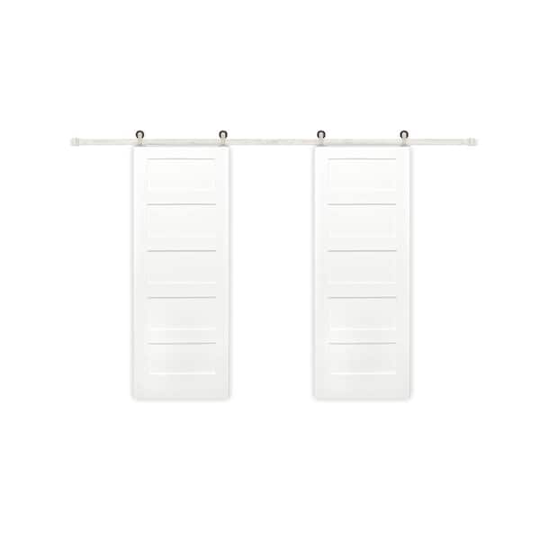 60 in. x 80 in. 5-Panel Solid Core Primed Pine Sliding Barn Door with Satin Nickel Hardware Kit
