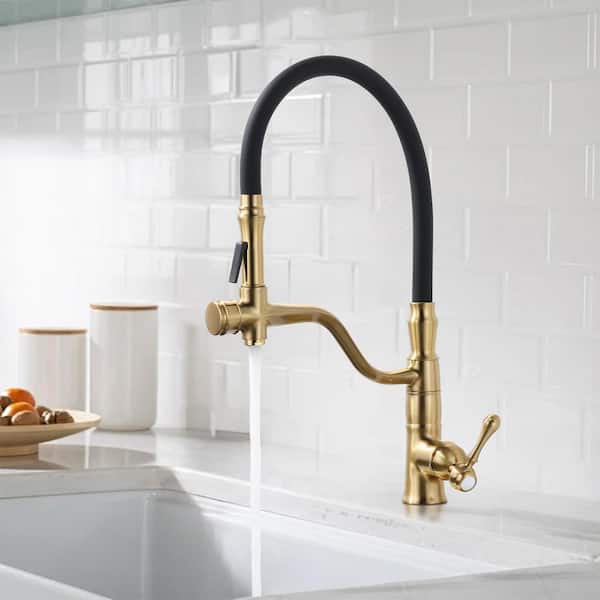 Single Handle Bridge Kitchen Faucet with 2 Water Modes in Gold