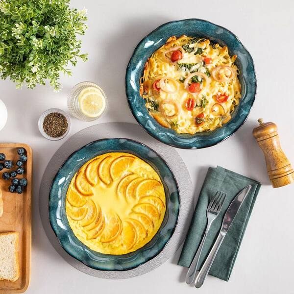 2-Piece Round Ceramic Pie Pan Set Deep Baking Dishes with Ruffled Edge Reactive Glaze Oven Dishwasher Safe