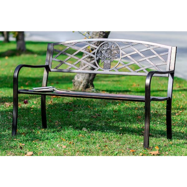 HI-LINE GIFT LTD. 50 in. Long Garden Bench Bronze Color Criss-Cross Backrest
