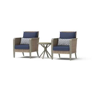 Grantina 3-Piece All-Weather Wicker Patio Club Chairs and Side Table Seating Set with Sunbrella Navy Blue Cushions