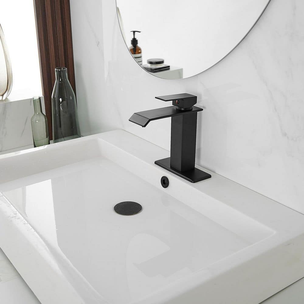 Matte Black Single-Handle Waterfall Bathroom Faucet with Supply Line