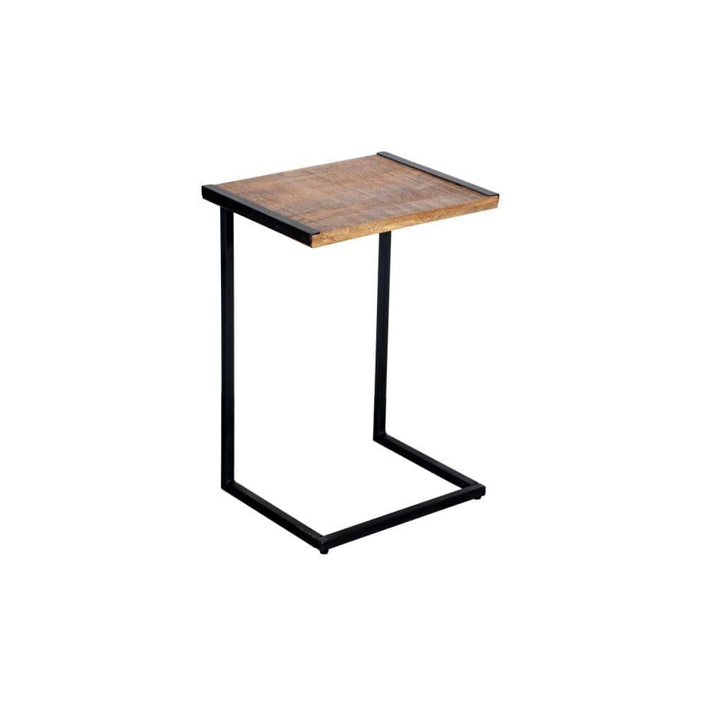 C-Shaped Mango Wood and Metal End Table, Brown and Black