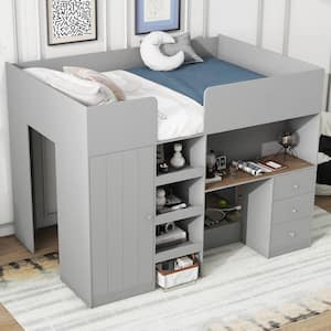 Gray Full Loft Bed with Wardrobe, Desk and Shelves