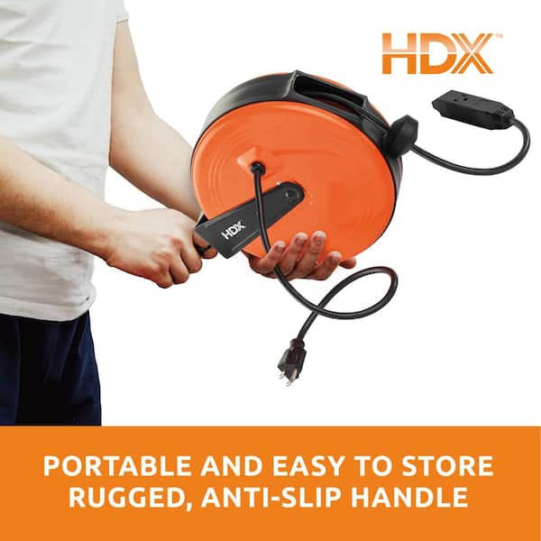 HDX 30 ft. 16/3 Retractable Cord Reel with 3 Grounded Outlets in Orange  EM-REL-300N-HDX - The Home Depot