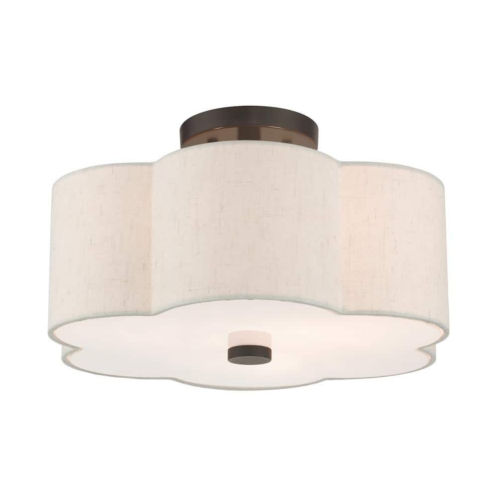 Solstice English Bronze 3-Light Indoor Drum Flush Mount with Oatmeal Shade