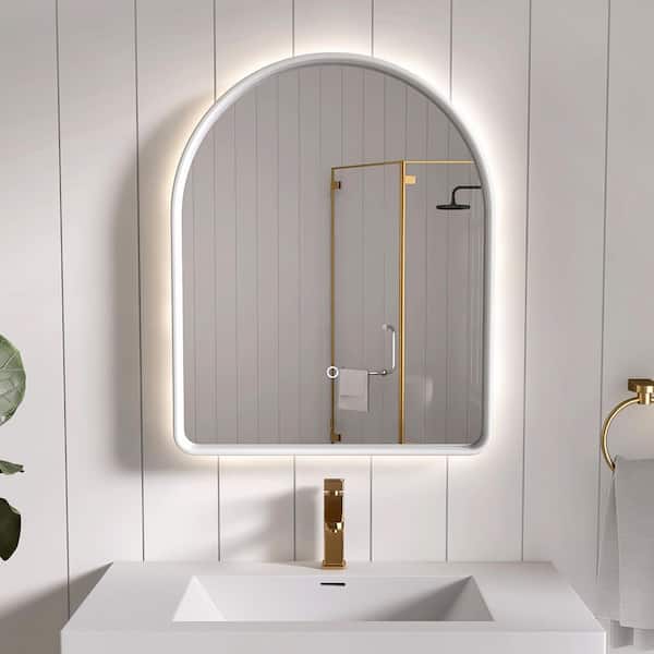 24 in. W x 30 in. H Arched Solid Surface Framed Wall Mount Bathroom Vanity Mirror in Matte White