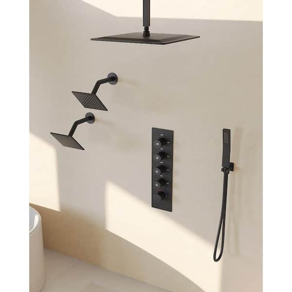 16 in. with two 6 in. 15-Spray Thermostatic Ceiling Mount Dual Fixed and Handheld Shower Head 2.5 GPM in Matte Black