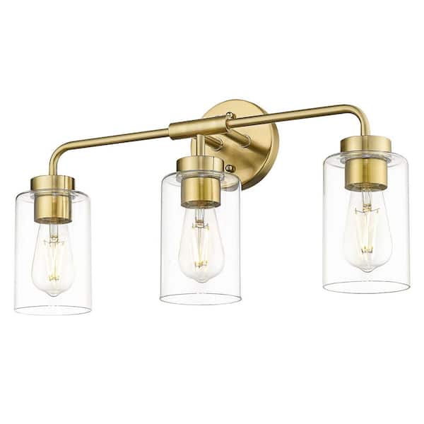 21.6 in. 3 Light Brushed Gold Vanity Light with Clear Glass Shade