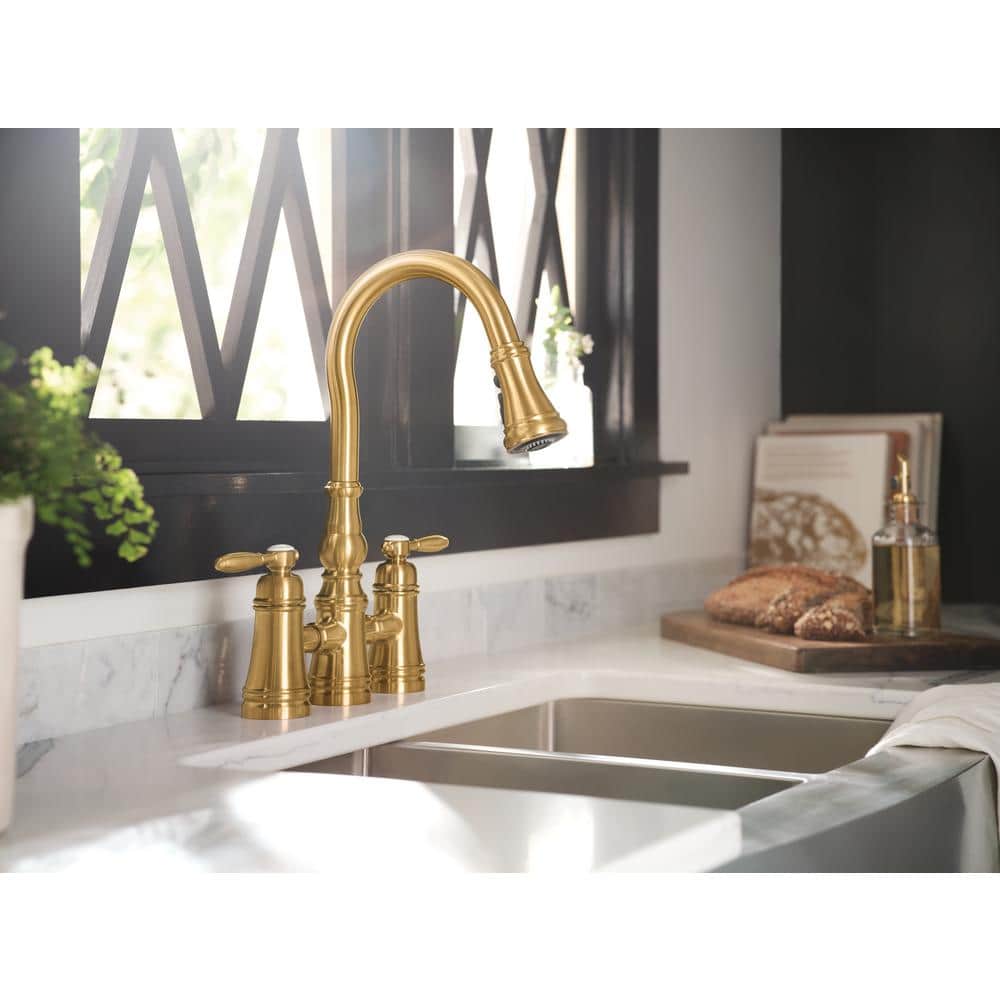 Brushed Gold Double Handle Pull-Down Kitchen Faucet with Ceramic Valve