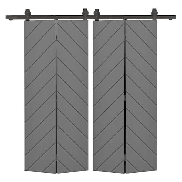 CALHOME Herringbone 48 in. x 80 in. Light Gray Painted MDF Modern Bi-Fold Double Barn Door with Sliding Hardware Kit