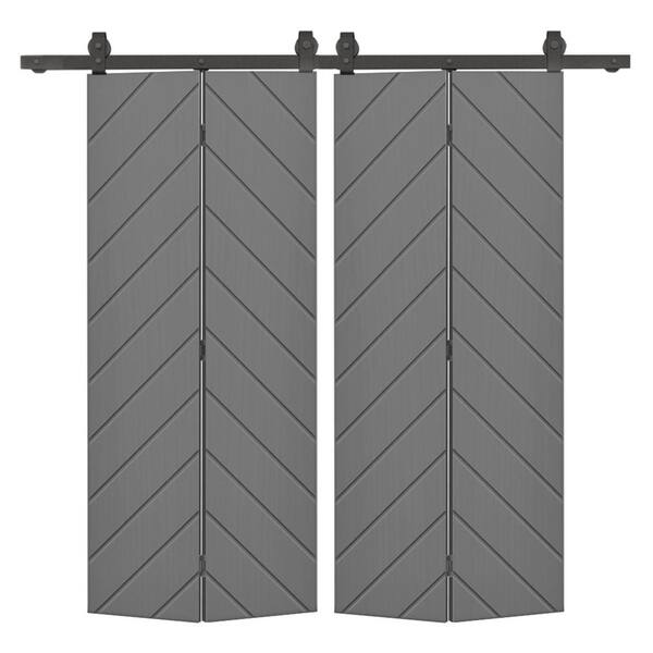 CALHOME Herringbone 44 in. x 84 in. Light Gray Painted Composite Bi-Fold Hollow Core Double Barn Door with Sliding Hardware Kit