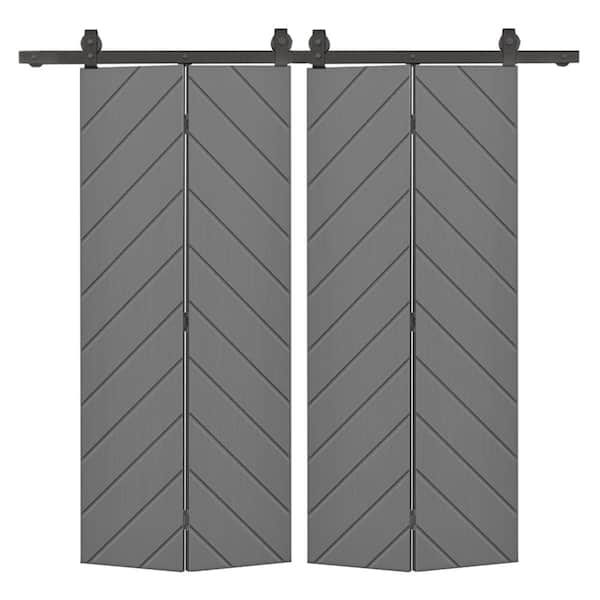 CALHOME Herringbone 52 in. x 84 in. Light Gray Painted Composite Bi-Fold Hollow Core Double Barn Door with Sliding Hardware Kit