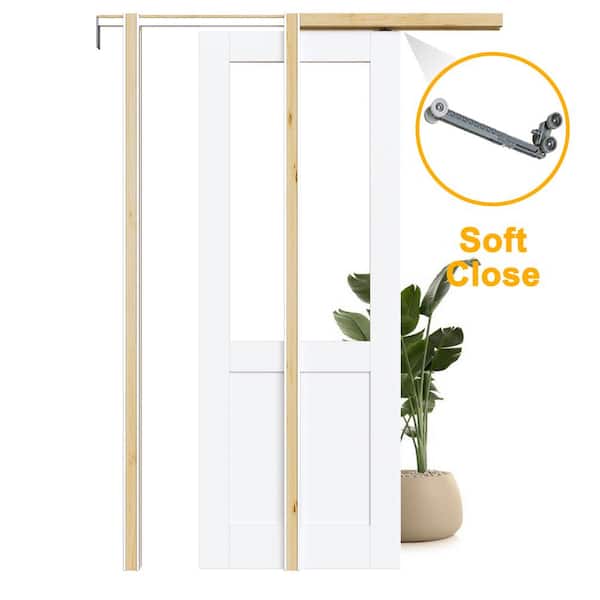 ARK DESIGN 32 in. x 80 in. 1/2 Clear Glass White Primed MDF Pocket Sliding Door with Pocket Door Hardware Kit (Soft Close Included)