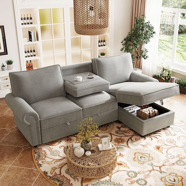 95 in. Rolled Arm Polyester with Storage Chaise, Pull-Down Backrest and Cup Holders Convertible Sectional Sofa in Gray