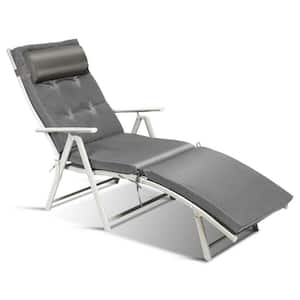Adjustable Metal Lightweight Folding Outdoor Chaise Lounge Chair with Gray Cushion