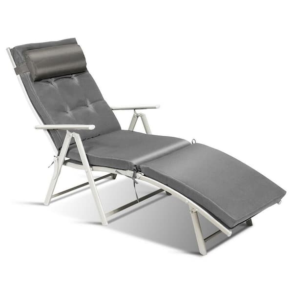FORCLOVER Adjustable Metal Lightweight Folding Outdoor Chaise Lounge Chair with Gray Cushion