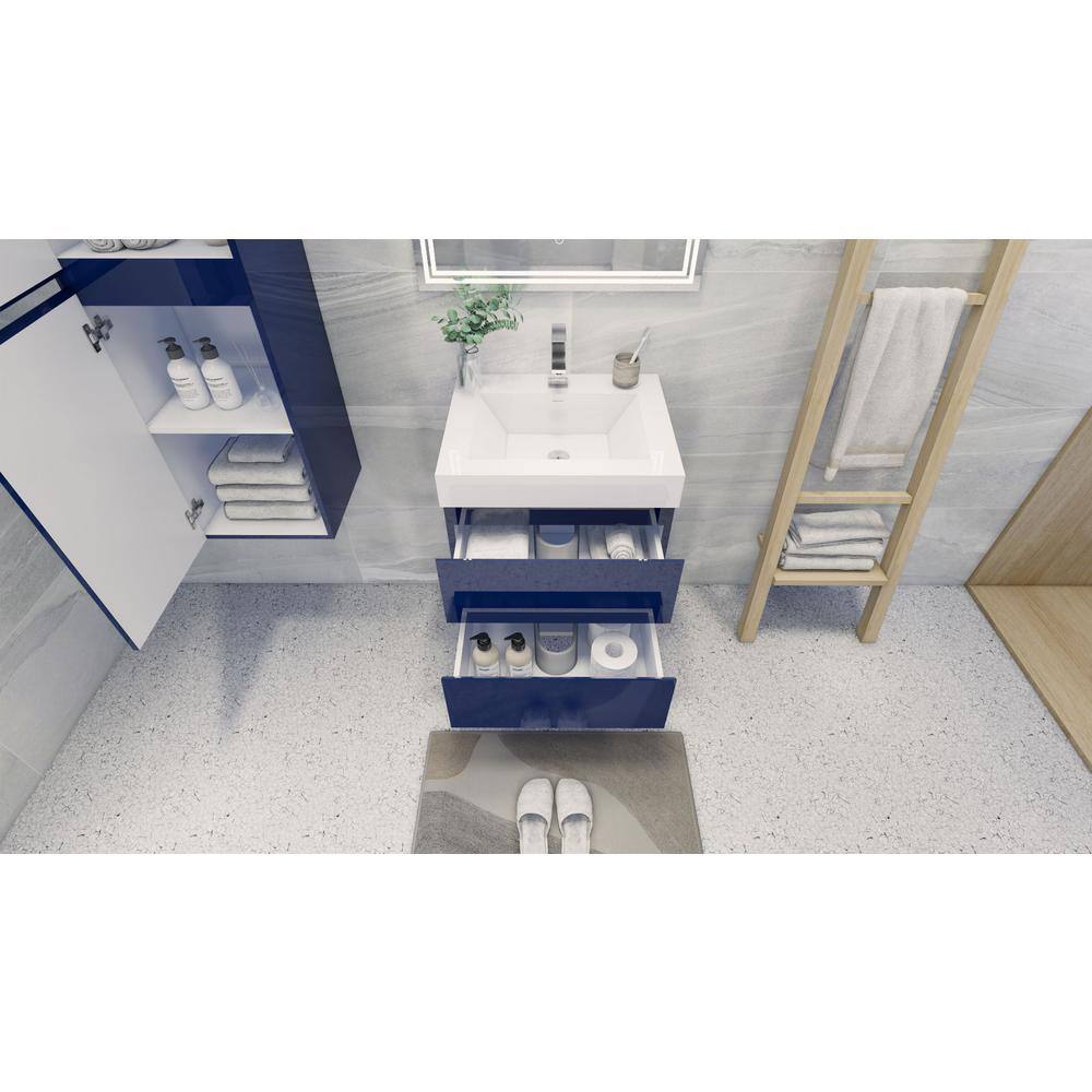 24" High Gloss White and Blue Wall-Mounted Single Bathroom Vanity