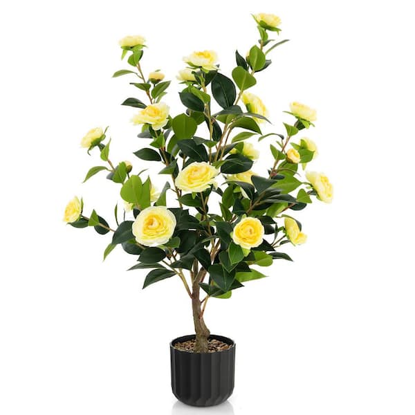 Mecale 3 ft. Yellow Artificial Camellia Tree Topiary Faux Floral Plant Fake Tree for Decoration in Pot