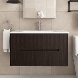 36 in. W x 18 in. D x 20 in. H Single Sink Wall-Mounted Bath Vanity in Dark Brown with White Ceramic Top