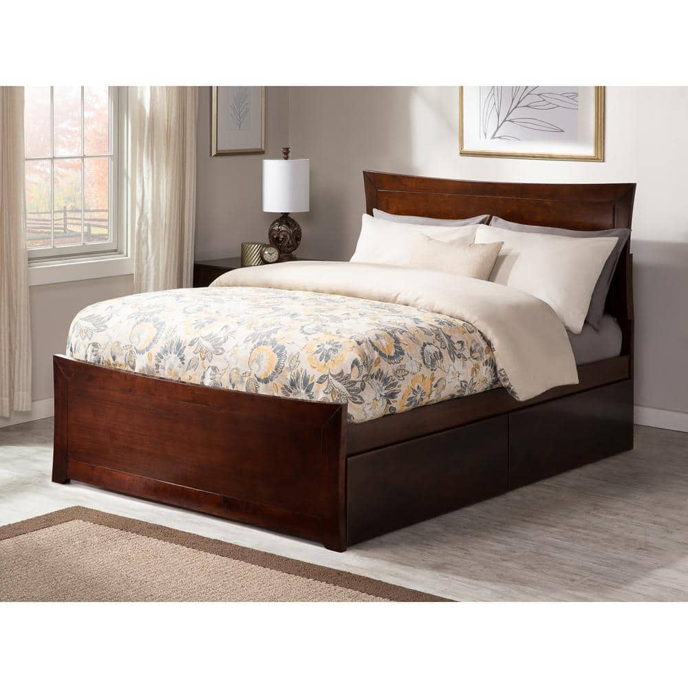 Walnut Full Platform Bed with Storage Drawers and Slats