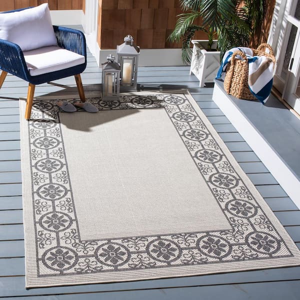 Bermuda Ivory/Charcoal 8 ft. x 10 ft. Floral Indoor/Outdoor Patio  Area Rug