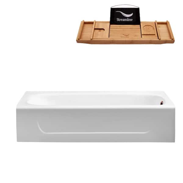 Streamline 60 in. Cast Iron Right Hand Drain Alcove Rectangular Bathtub Bathtub in Glossy White with Matte Bronze External Drain