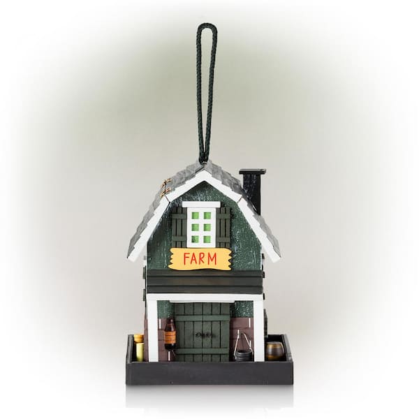 Alpine Corporation 9 in. Tall Wooden Farm Store Hanging or Table Outdoor Bird Feeder House, Black