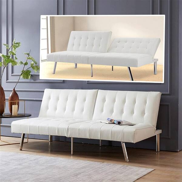 HOMESTOCK White Faux leather Tufted Split Back Futon Sofa Bed Couch Bed Futon Convertible Sofa Bed with Metal Legs 98834 The Home Depot