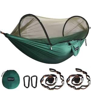 9 ft. Dark Green Ultra-Light Portable Camping Hammock with Mosquito Net, 2 Carabiners and 2 Tree Slings