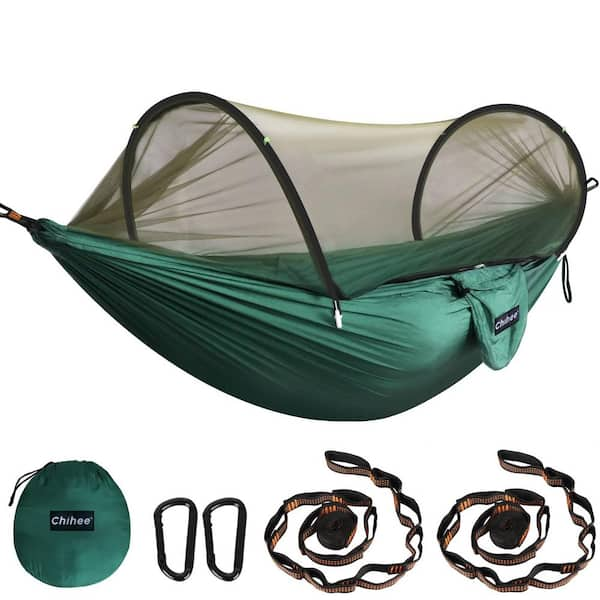 Angel Sar 9 ft. Dark Green Ultra-Light Portable Camping Hammock with Mosquito Net, 2 Carabiners and 2 Tree Slings