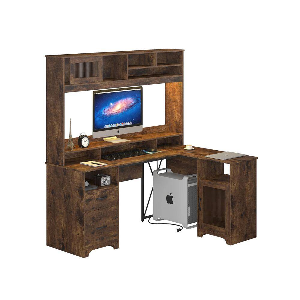 63 in. L Shaped Rustic Brown Hutch Ergonomic Computer Desk Power Hub, Office Desk with Sunlight Door and LED Light.