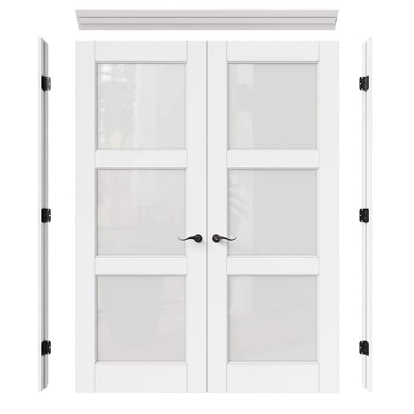 48 in. x 96 in. 3-Lite Frosted Glass Universal White Solid Core Wood Double Prehung French Door+ Quick Assemble Jamb