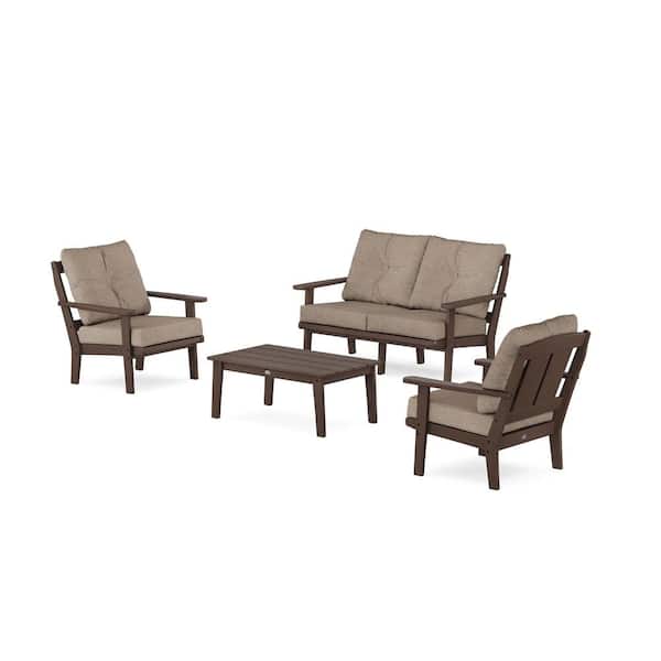 POLYWOOD Mission 4-Pcs Plastic Patio Conversation Set with Loveseat in Mahogany/Spiced Burlap Cushions